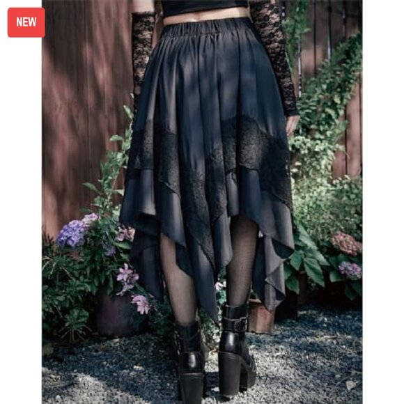 Gothic Lace Midi Skirt Asymmetrical A-Line High Waist Steampunk - Picture 8 of 8